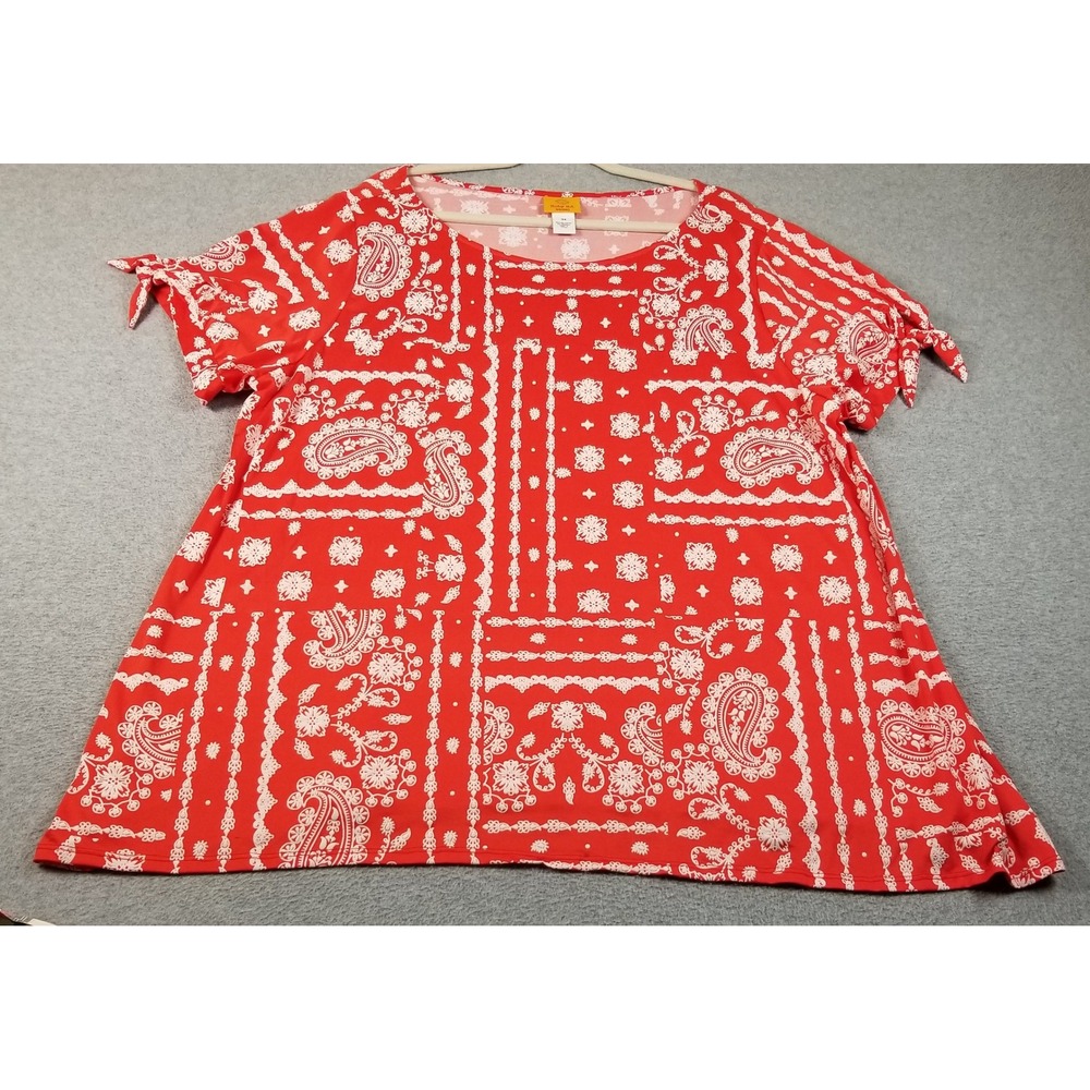 Ruby Rd Top Woman's 3X Plus Red Paisley Bandana Print Tie Short Sleeve Blouse